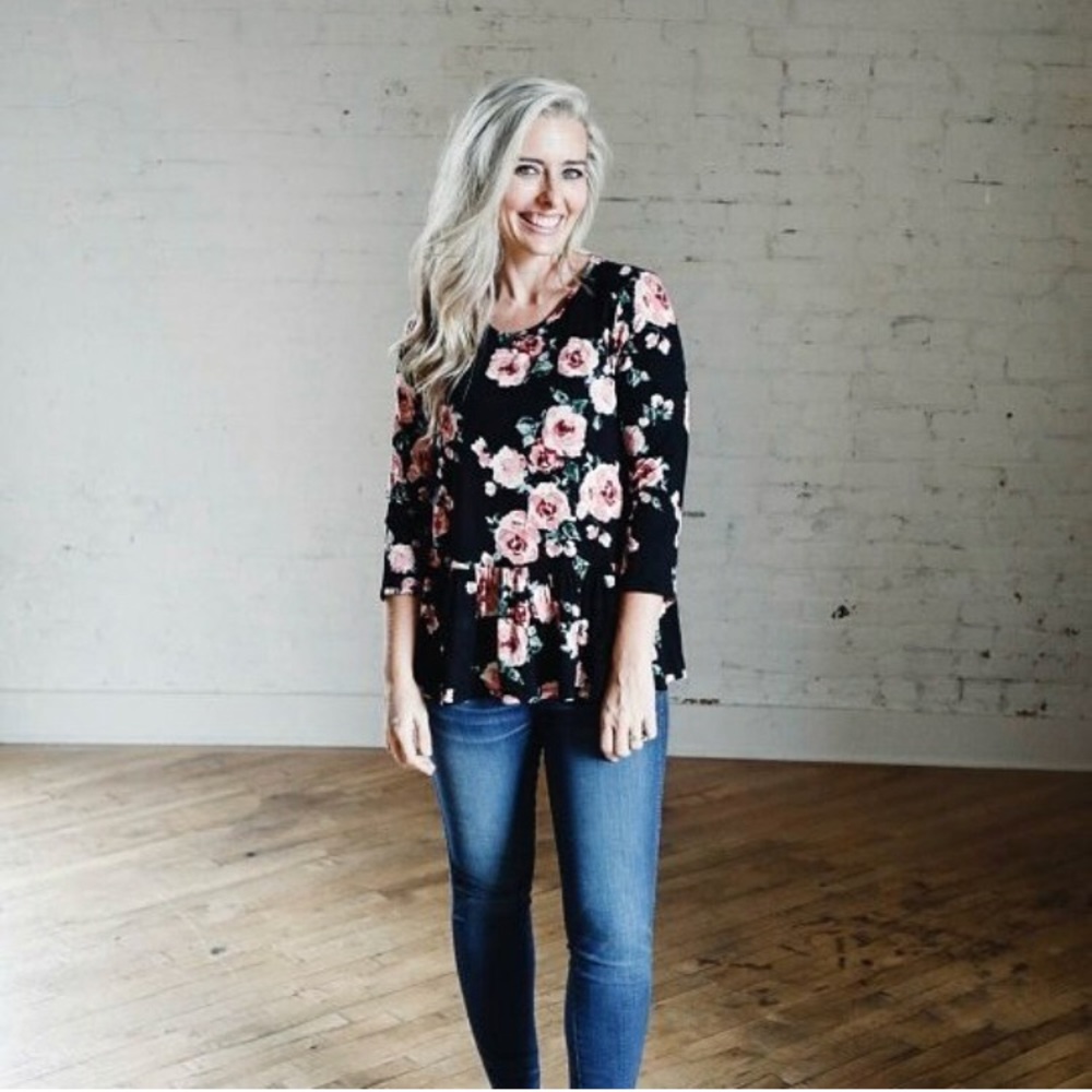 New Ashley LeMieux brand black floral peplum